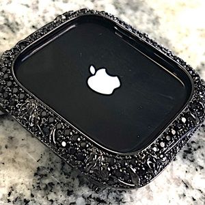 Apple Watch case with rosebud pattern and lab diamonds in 14k black gold